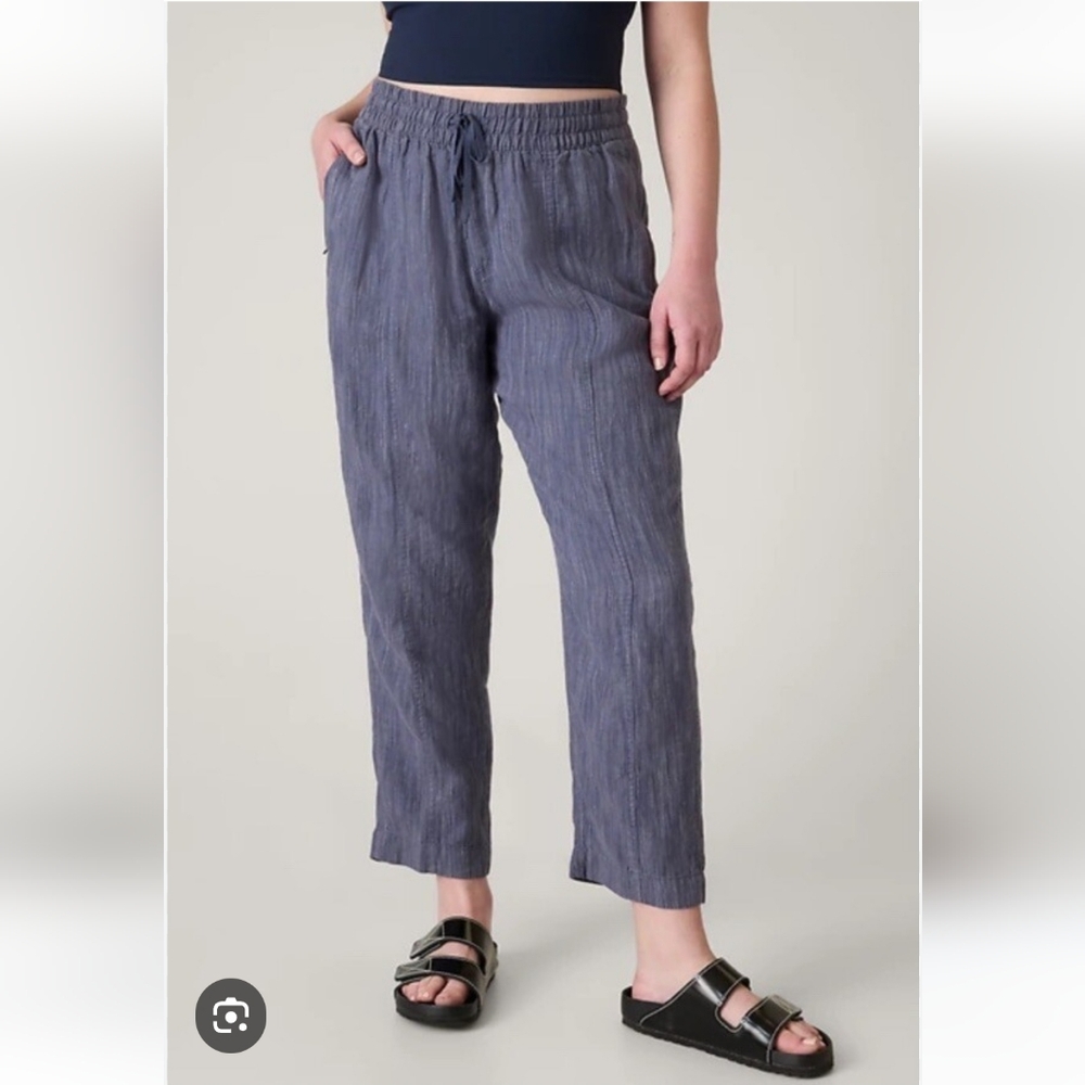 Athleta Retreat Linen Pants High Rise Ankle Length Violet Blue Pull-on Yoga M